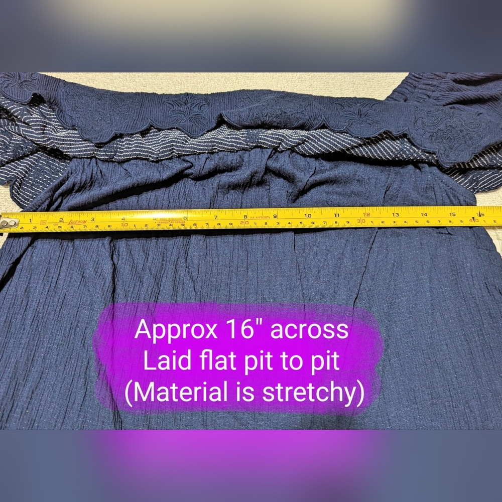NyGard brand size Petite Med BNWT, off the shoulder flowy, indigo shirt - Picture 5 of 13